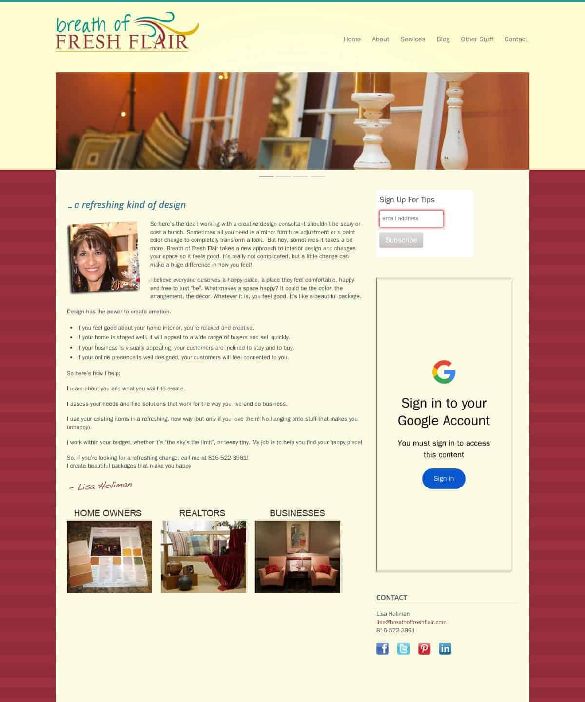 Breath-of-Fresh-Flair-Original-Website A screenshot of a website named "breath of fresh flair" with a homepage featuring interior design content, a portrait of a woman, and google account sign-in section on the right.