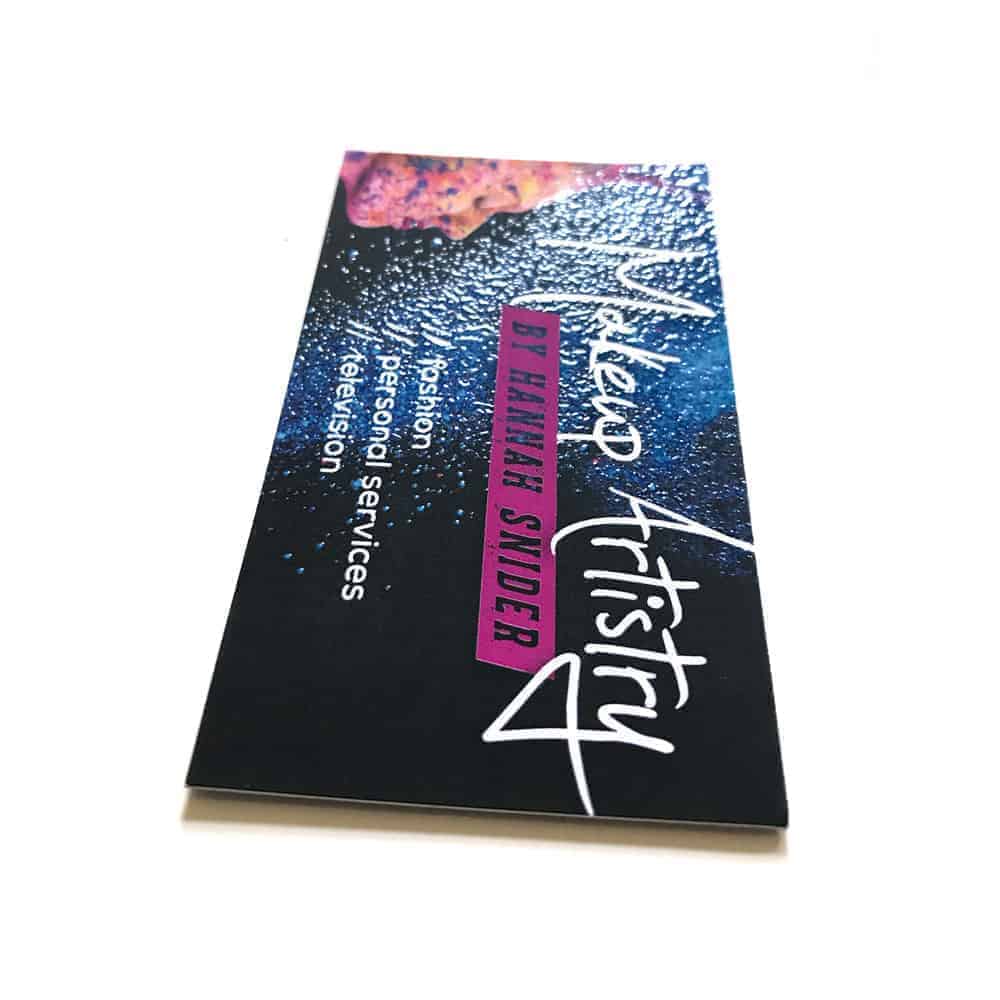 raised-spot-uv-suede-finish-business-card-makeup-artist2 A suede laminate business card for a makeup artist, with raised spot varnish in a splatter pattern.