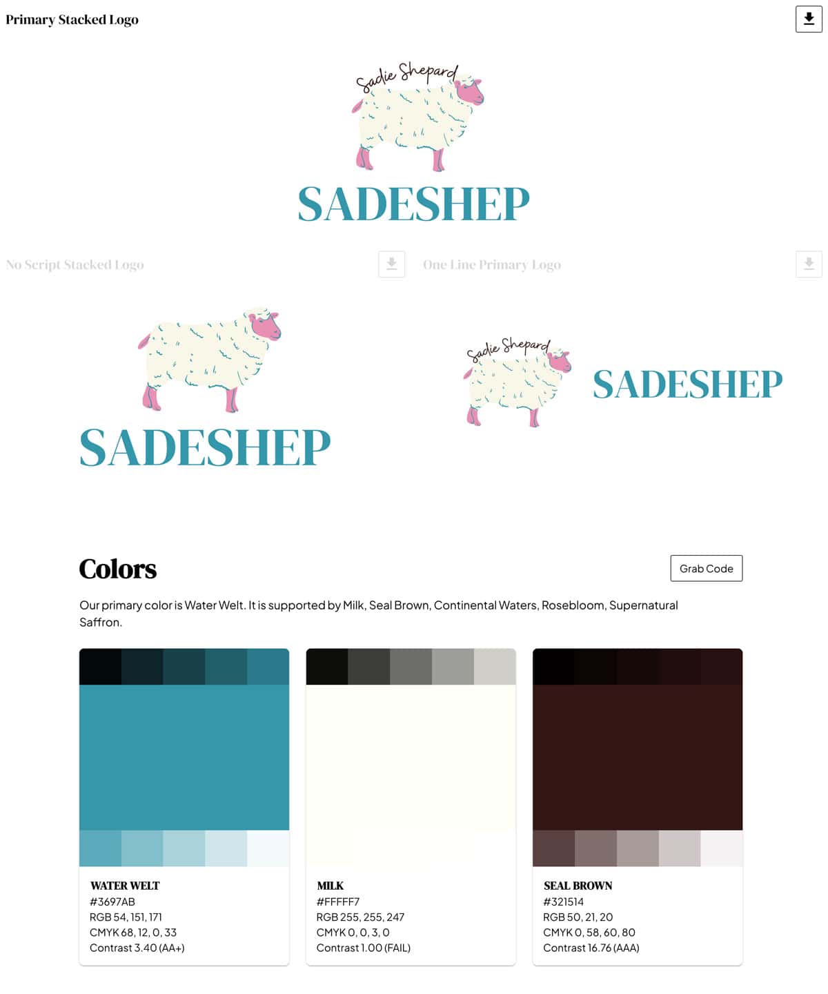 sadeshep-brand-guide-example Image displays various versions of a “SADESHEP” logo featuring a sheep illustration, along with a color palette including Water Well (blue), Milk (white), and Seal Brown (brown).