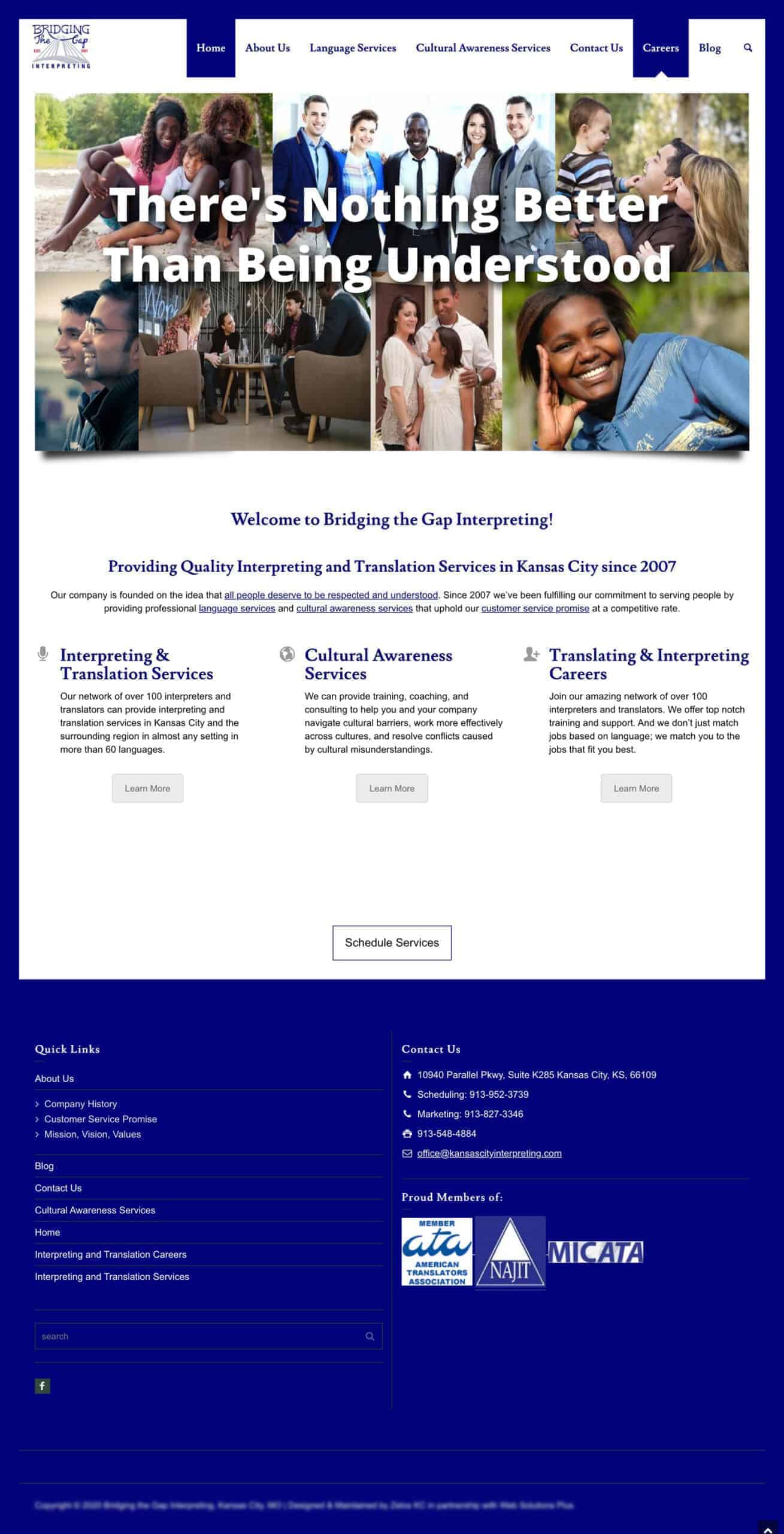screenshot-btgi-home-before Screenshot of Bridging the Gap Interpreting website homepage, highlighting interpreting, translation, and cultural awareness services with navigation menu and contact information. The layout is confusing and busy, with inconsistent margins or alignment.