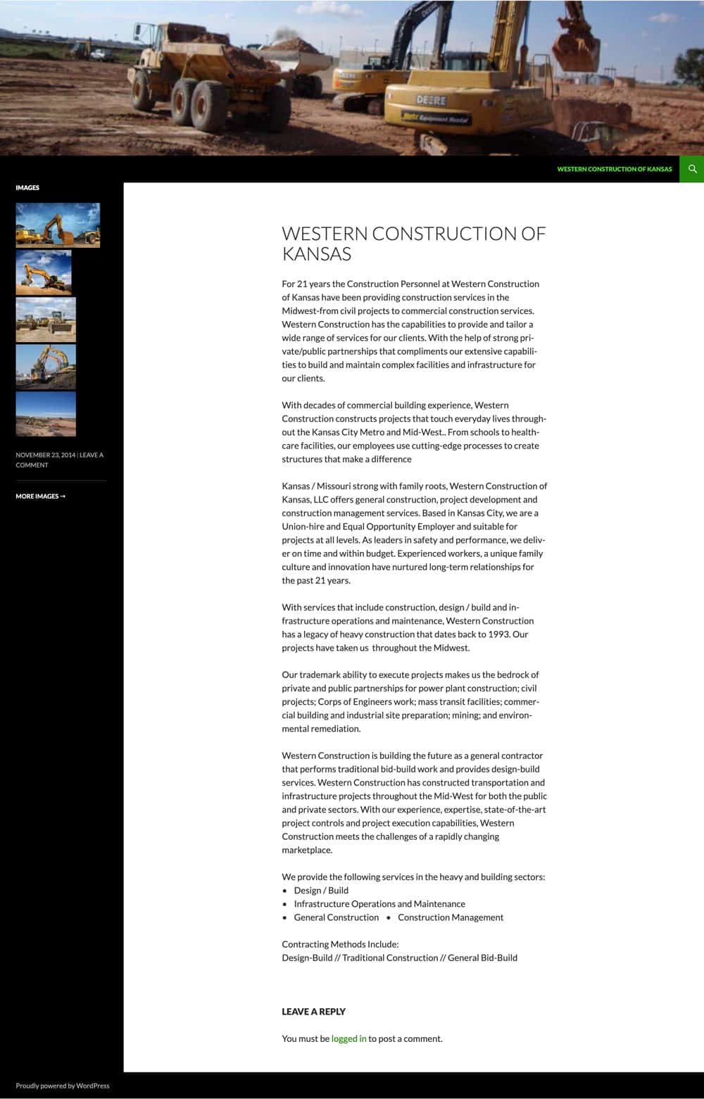 screenshot-wcoks-original-home A construction site with large excavators and trucks working on earthmoving under a clear sky, accompanied by a company introduction text on the right. It looks like a generic stock template and is not mobile friendly.