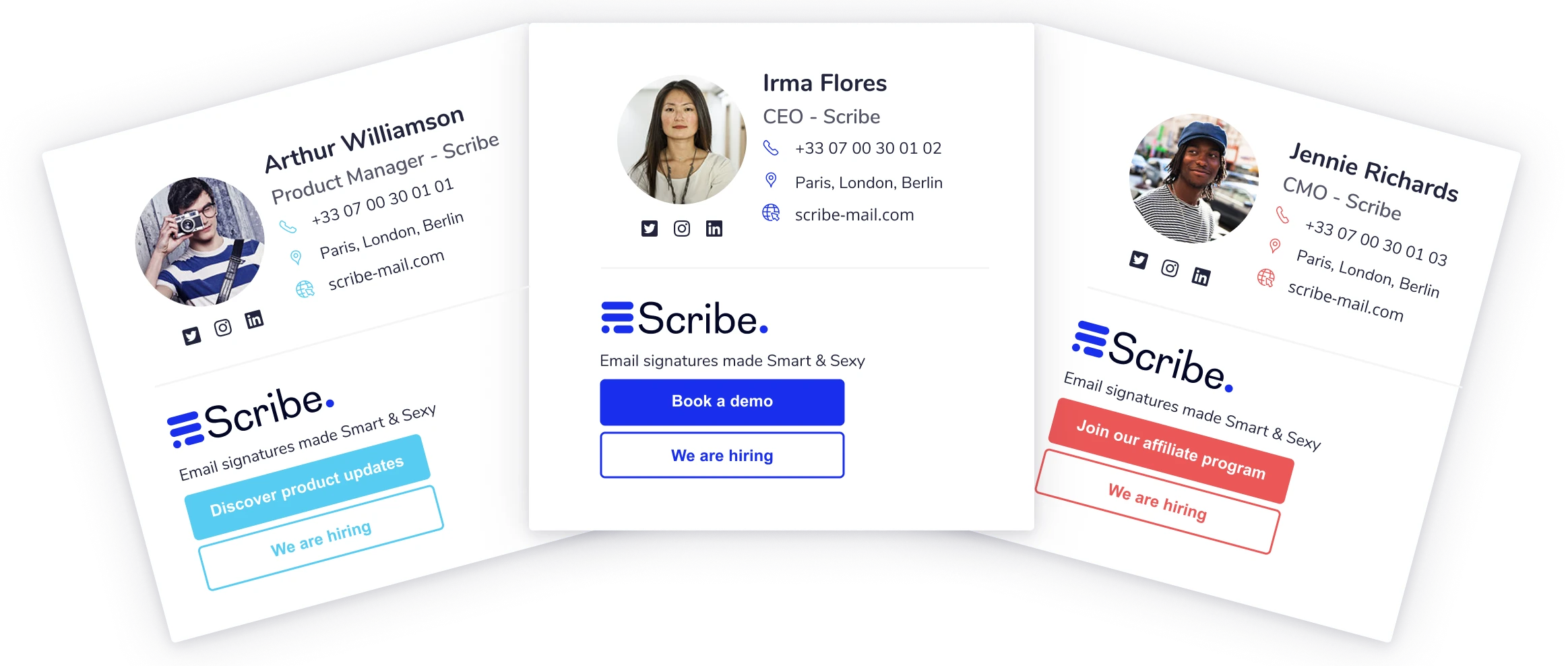 scribe-mail-signature-example Three business cards for Scribe employees, each showing a photo, name, title, contact info, and action buttons for booking a demo, joining a partner program, or viewing job openings.
