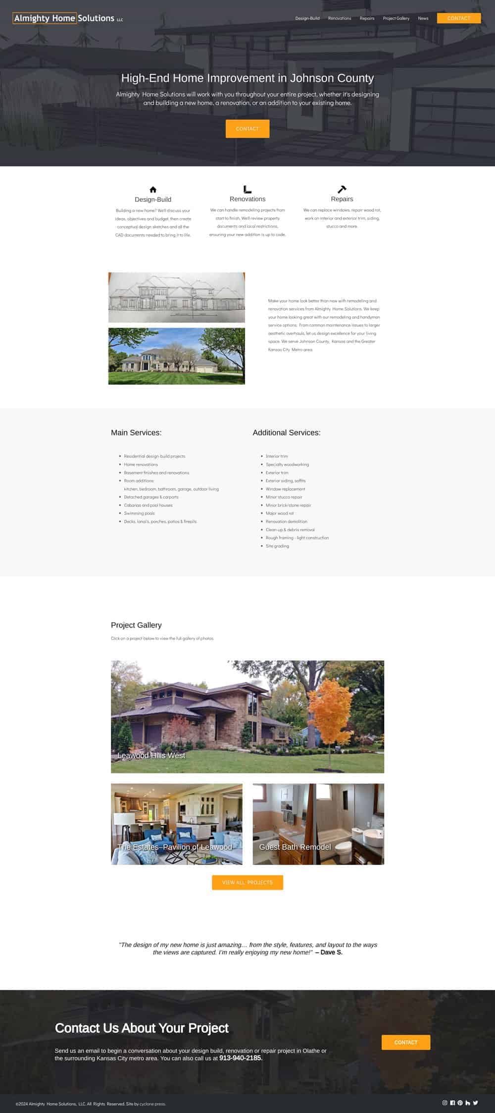 website-project-screenshot-almightyhome Screenshot of a home improvement company's website featuring services, a project gallery with home images, and a contact form at the bottom. The site uses a clean, modern layout with orange highlights.