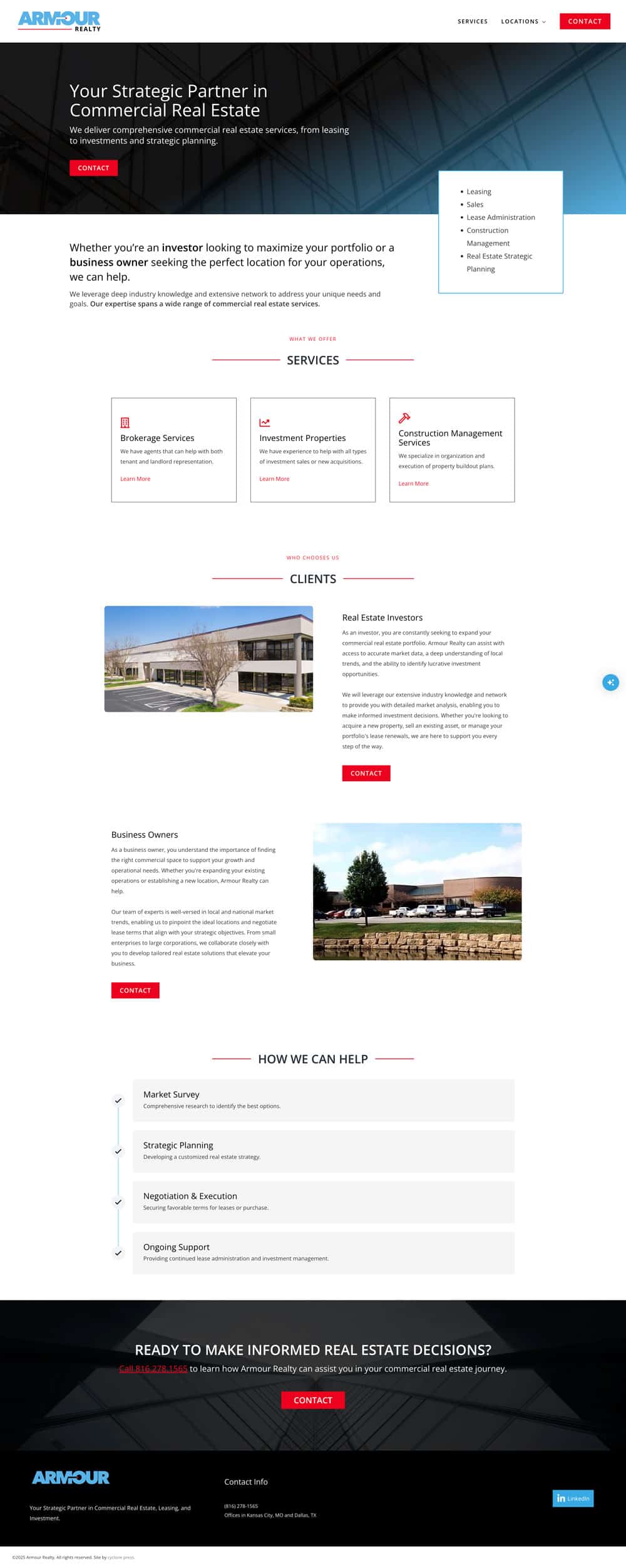 website-project-screenshot-armour-realty.com-home Screenshot of a commercial real estate agency’s website showing services, client testimonials, contact information, and navigation menus.