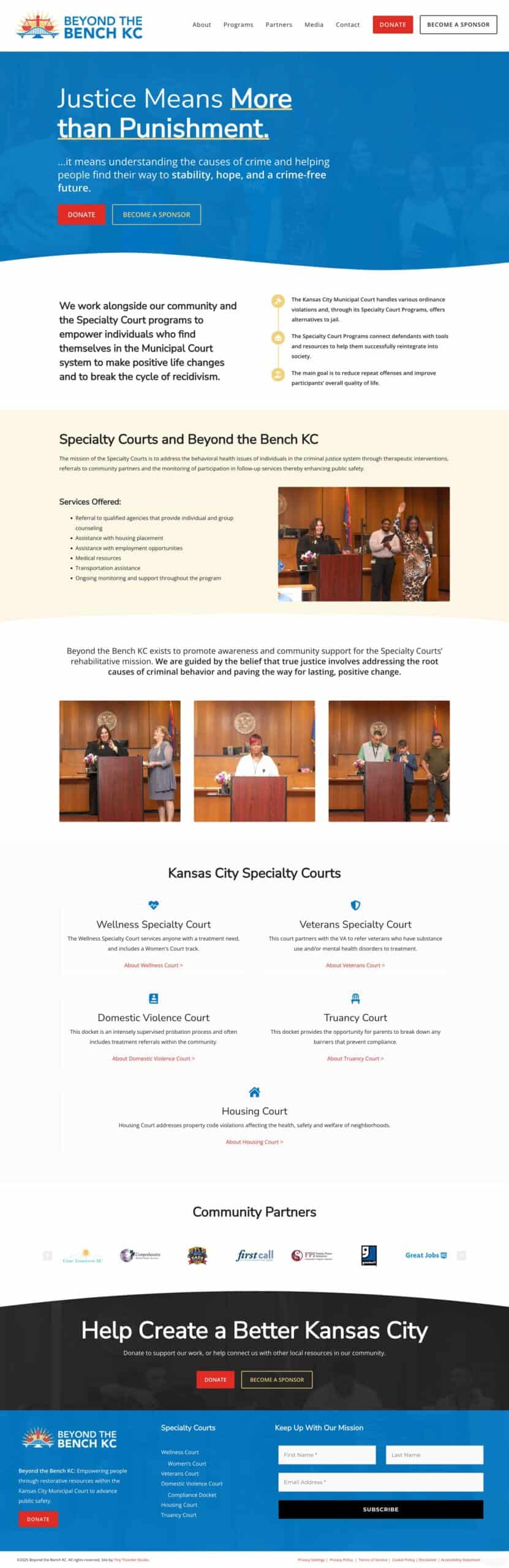 Screenshot of the Beyond the Bench KC website homepage, featuring information about specialty courts, community partners, and justice initiatives in Kansas City, with related photos and links.