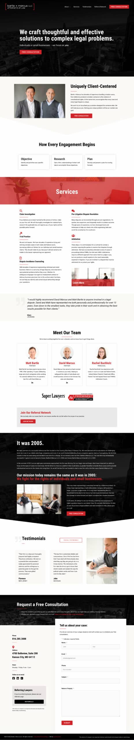website-project-screenshot-bmlawkc.com-home Screenshot of a law firm’s website featuring sections on services, team members, testimonials, firm history, and a consultation contact form, with a predominately red, white, and black color scheme.