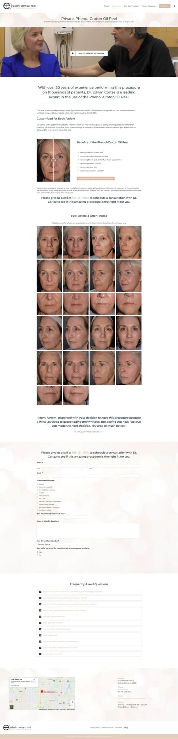 website-project-screenshot-cortezfacialplasticsurgery-peel-landing-page A webpage for a phenol chemical peel procedure featuring an explanation, before-and-after facial photos, a benefits list, a form, and a frequently asked questions section.