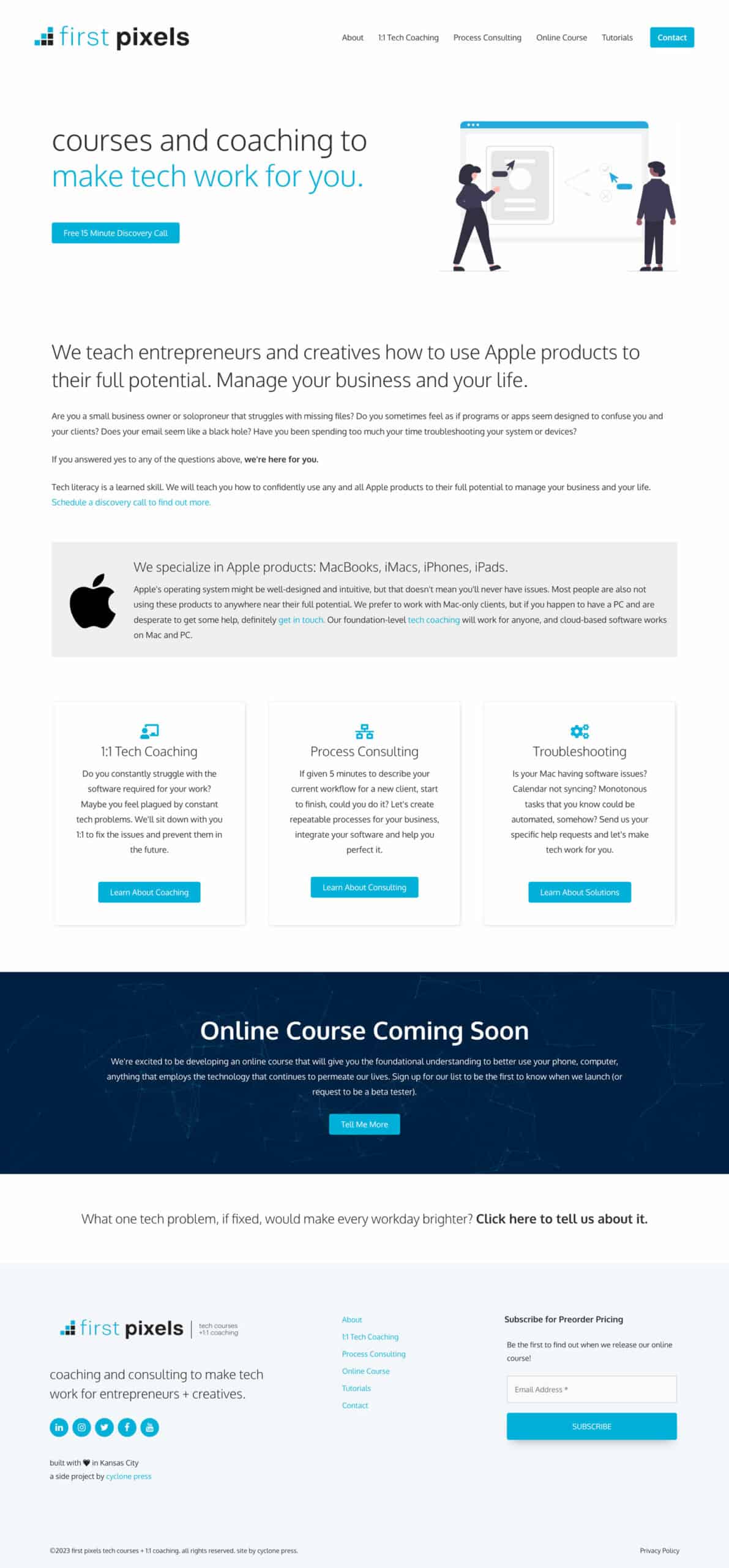 website-project-screenshot-firstpixels.tech-home Screenshot of First Pixels website offering Apple tech coaching, process consulting, and troubleshooting services for entrepreneurs and creatives, with an online course announcement.