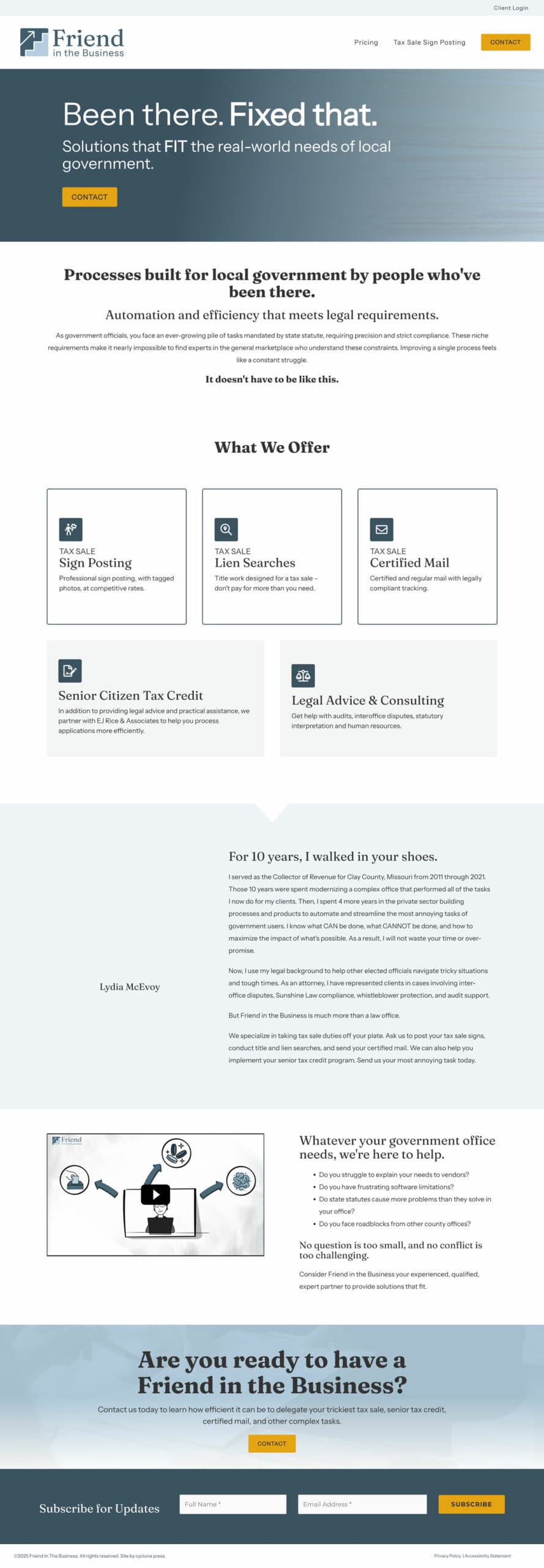 website-project-screenshot-fitbiz.lawyer-home Screenshot of a local government solutions company's homepage highlighting services like tax billing, lien searches, certified mail, and consulting, with a clean, professional layout and contact options.
