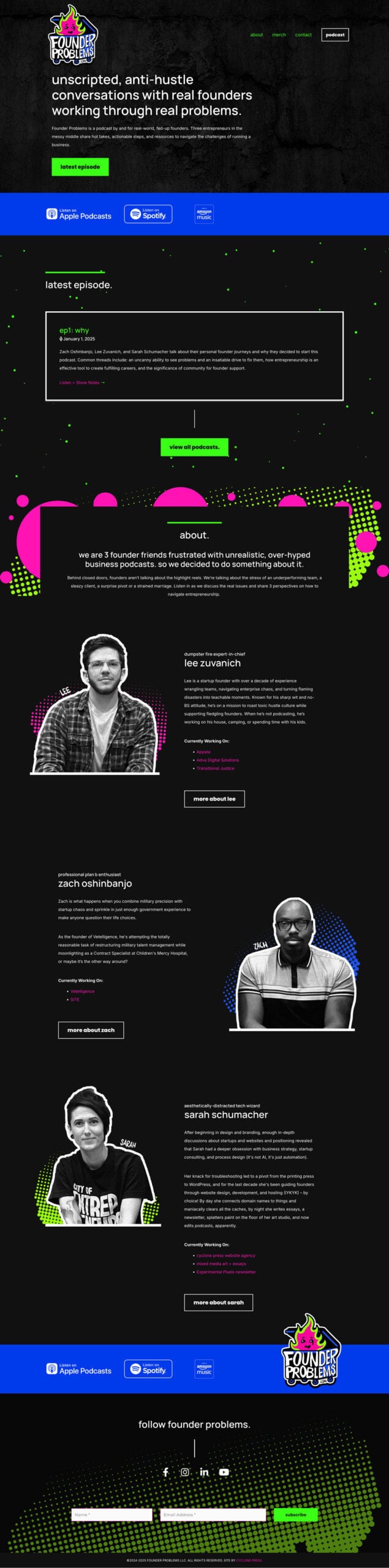 website-project-screenshot-founderproblems-home A podcast website featuring founder profiles, an about section, podcast episode links, and bright green, pink, and blue graphic elements on a black background.