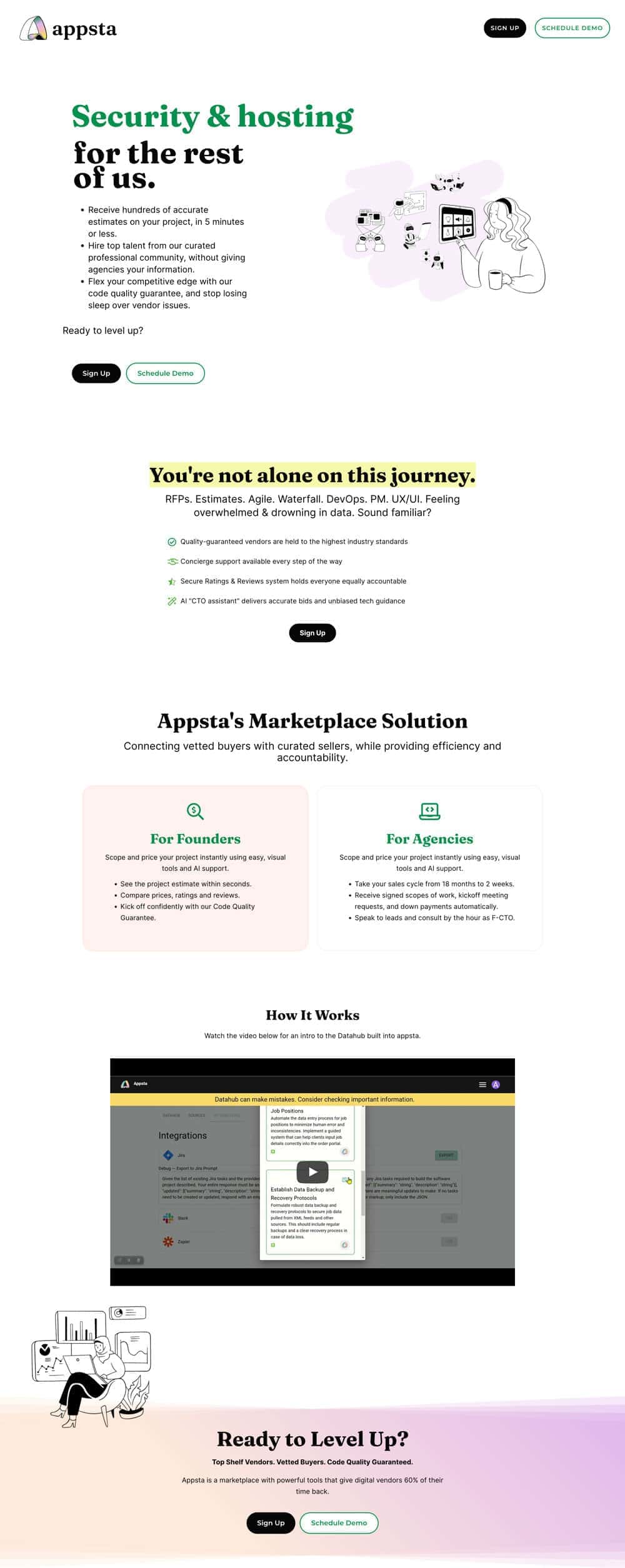 website-project-screenshot-getappsta-home Screenshot of Appsta's homepage featuring security and hosting services, a highlighted customer testimonial, an explanation of marketplace solutions, and a “Ready to Level Up?” call-to-action.