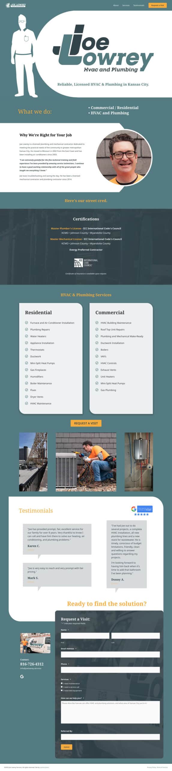 website-project-screenshot-joelowrey_services Screenshot of a business website for "Joe Lowrey HVAC and Plumbing" featuring services, contact form, testimonials, and a photo of the owner. The design uses teal, yellow, and white colors.