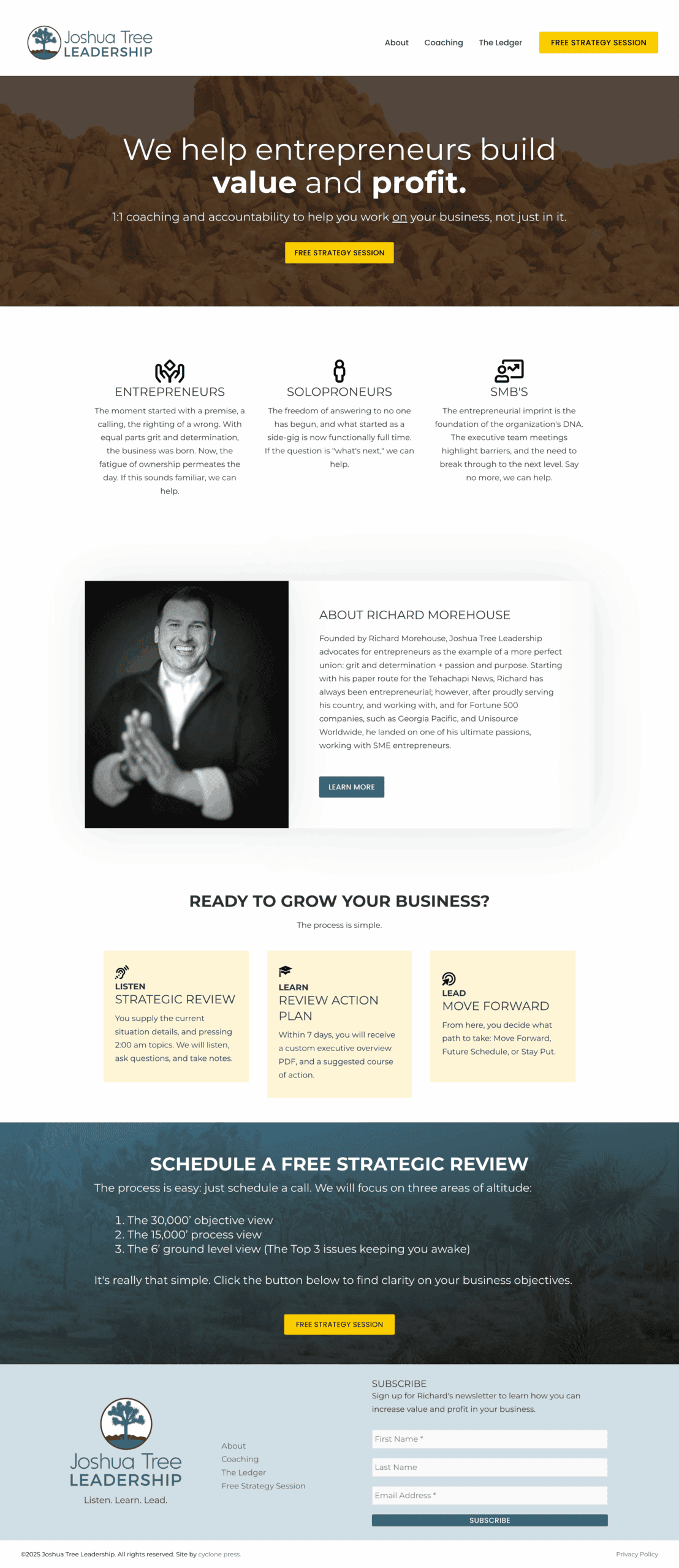 website-project-screenshot-joshuatreeleadership-home A business consulting website offering coaching services for entrepreneurs, solopreneurs, and small business owners, featuring a photo of Richard Morehouse and contact information.