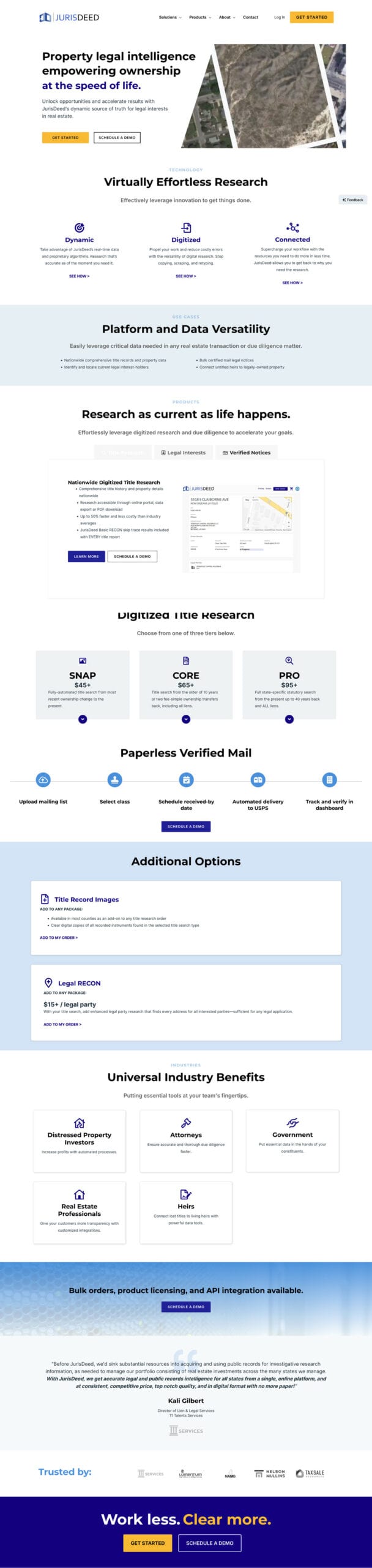 website-project-screenshot-jurisdeed-home Screenshot of a legal tech company's website highlighting property research automation, platform features, service options, client benefits, and trusted partners, with a blue and white color scheme.
