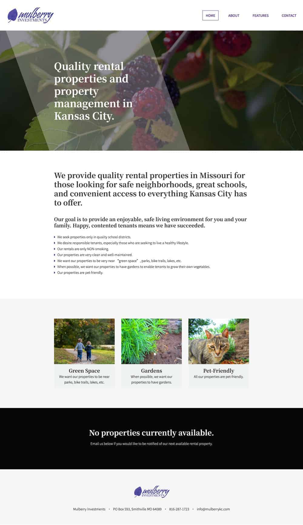 website-project-screenshot-mulberrykc Screenshot of Mulberry KC's homepage, featuring property management services in Kansas City, with text about rental offerings, images of outdoor spaces, and a notice of no current availability.