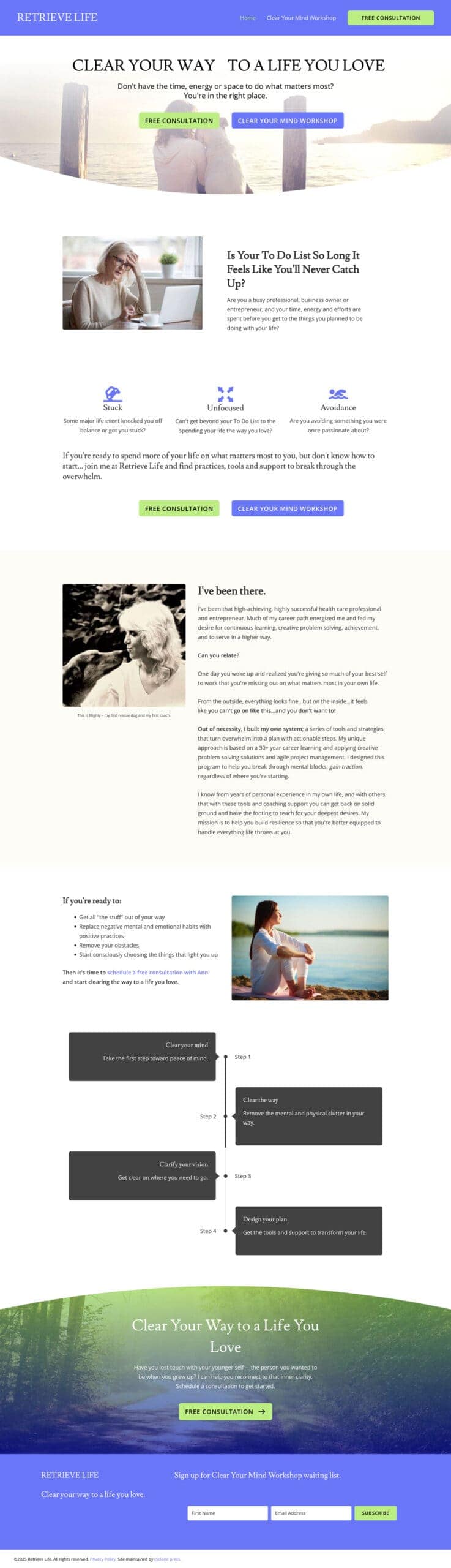 website-project-screenshot-retrievelife-home A website homepage for "Retrieve Life" offering a service to help people clear their to-do lists, featuring text sections, images, testimonials, and call-to-action buttons.