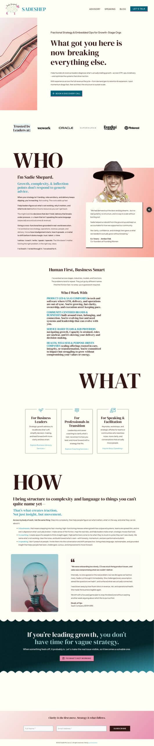 website-project-screenshot-sadeshep.com-home Screenshot of a website homepage for "SADESHEP," featuring sections titled "Who," "What," and "How," with text about consulting services, client logos, and a portrait of Sadie Shepard wearing a hat.