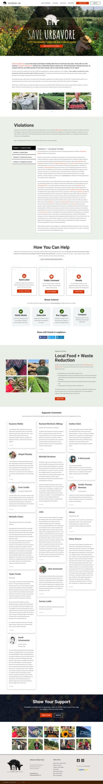 website-project-screenshot-saveurbavore-home Screenshot of the “Save Urbavore” campaign website listing the erroneous city accusations, ways to help, community testimonials, and a gallery of farm images at the bottom.