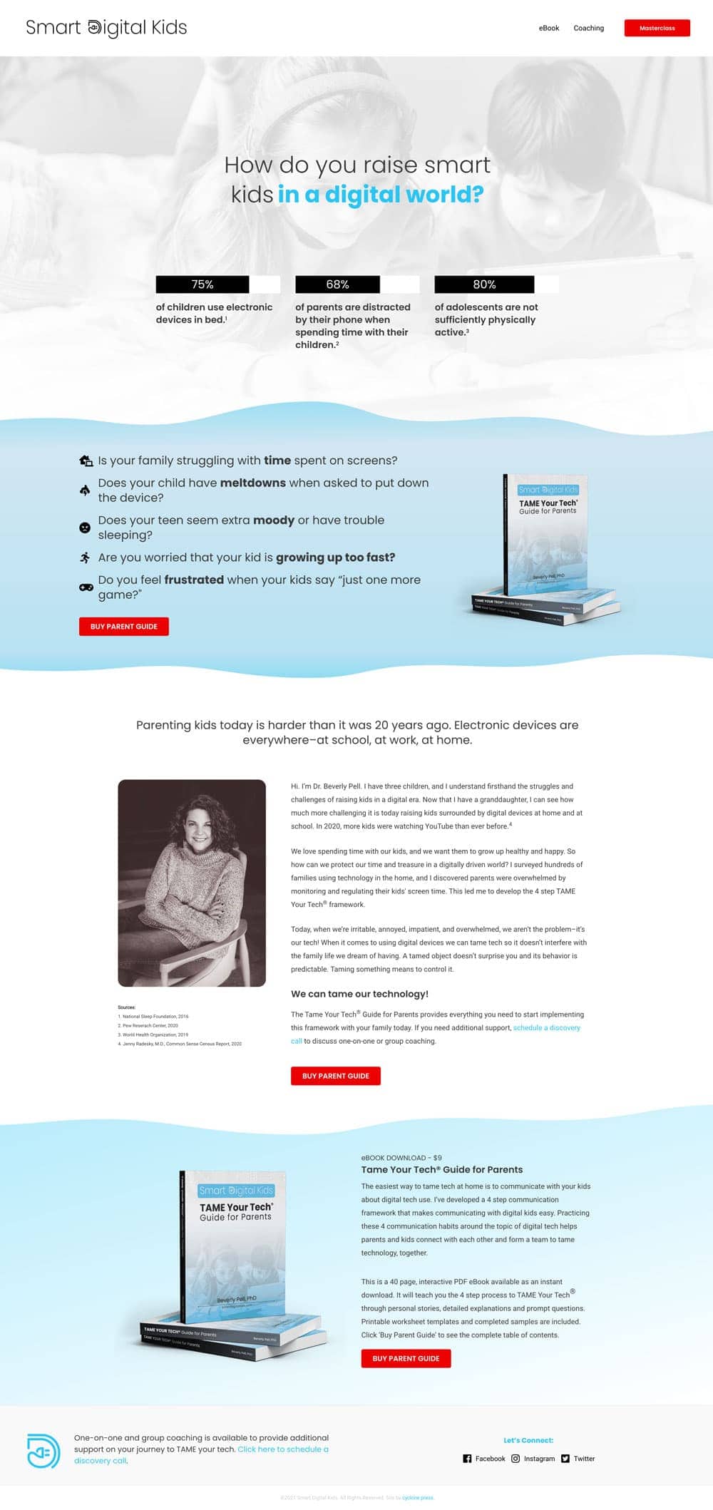 website-project-screenshot-smartdigitalkids-home A website homepage for "Smart Digital Kids" features resources and a practical guide for parenting in a digital world, highlighting concerns about screen time, technology, and child development.