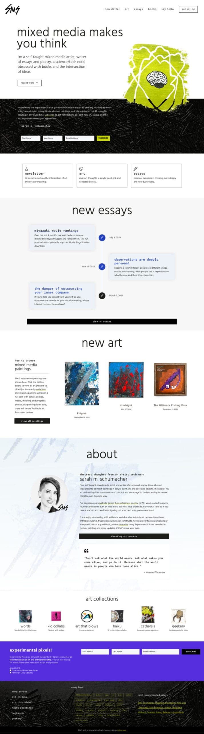 website-project-screenshot-smschumacher-home An artist homepage for Sarah Schumacher featuring sections for essays, art, an about page, and art collections, with a minimalist design and black, white, and yellow color accents.