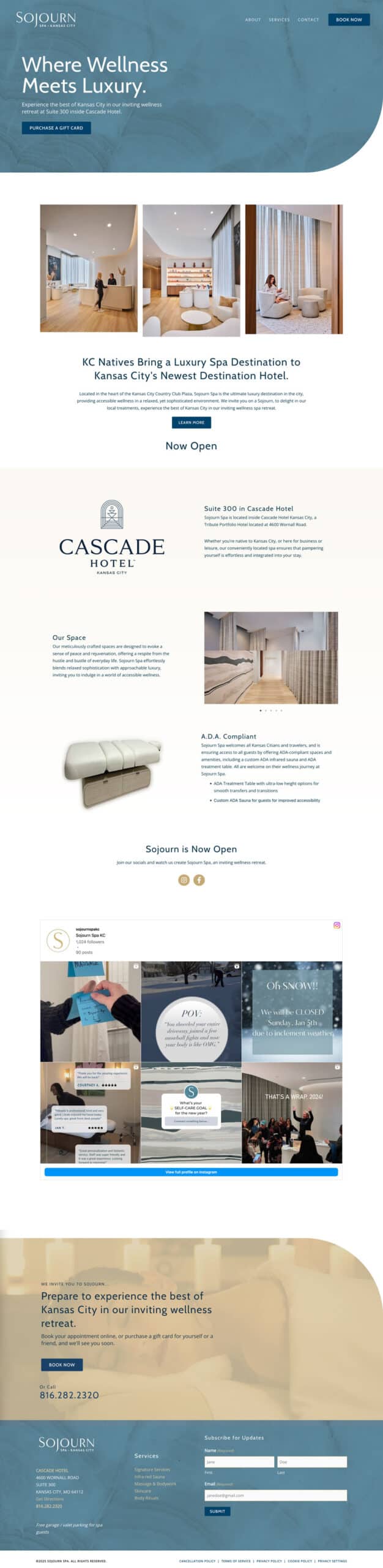 website-project-screenshot-sojournspakc-home Screenshot of a luxury wellness spa website featuring images of spa rooms, service details, amenities, and a call to schedule a visit or purchase gift cards.