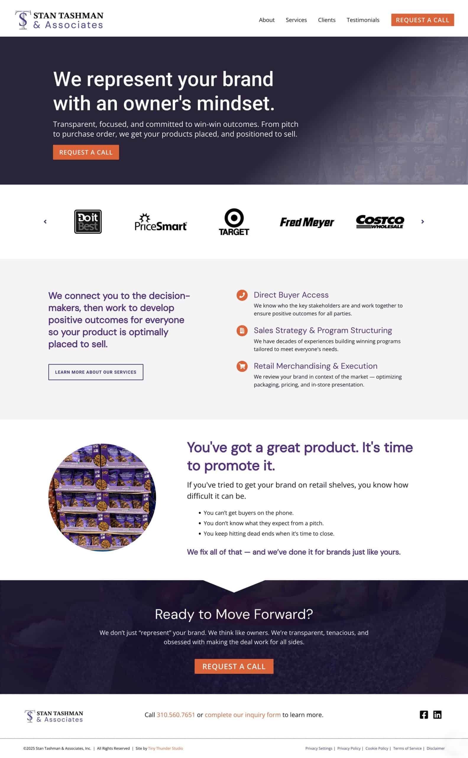 A website homepage for Stan Tashman & Associates featuring company branding, service descriptions, client logos, and calls-to-action for product representation and business inquiries.