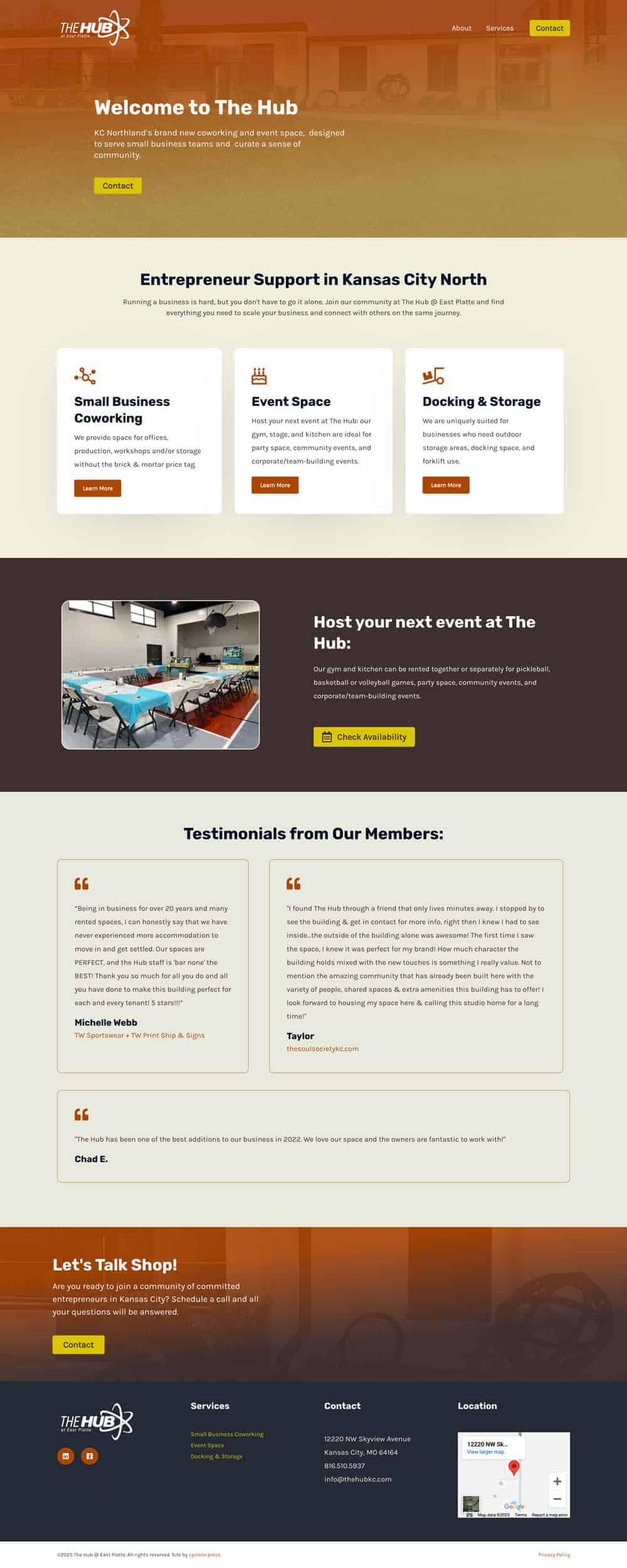 website-project-screenshot-thehubkc-home Screenshot of The Hub's website homepage featuring coworking, event space, and docking/storage services in Kansas City North, member testimonials, contact information, and a navigation menu.
