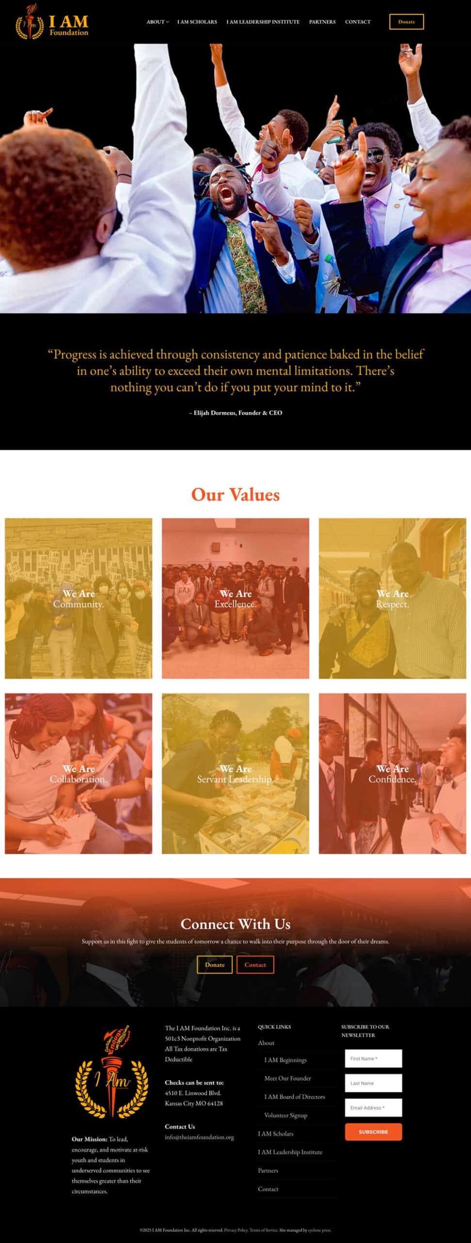website-project-screenshot-theiamfoundation-home Group of people in formal attire celebrating on the I AM Foundation home page; the website displays organizational values, contact information, and a quote about progress, with orange and black branding elements throughout.