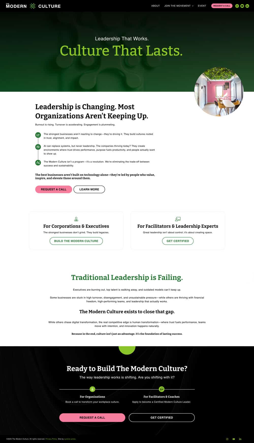 website-project-screenshot-themodernculture.com-home Screenshot of a website promoting modern leadership culture, featuring informational text, call-to-action buttons, and a plant image in the upper right corner, on a white and green background.
