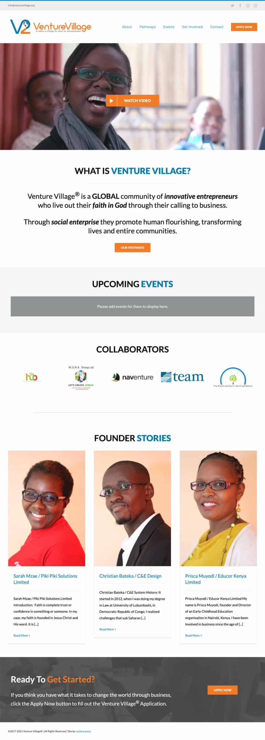 website-project-screenshot-venturevillage-home Screenshot of Venture Village's homepage featuring an introduction to the organization, upcoming events, collaborator logos, and founder profiles with photos and brief bios.