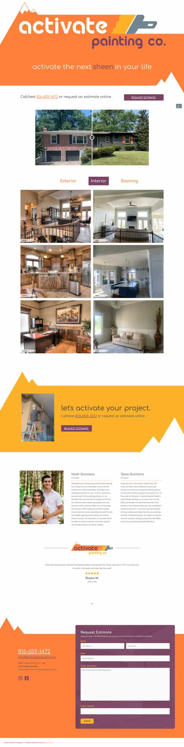 website-screenshot-activatepainting.co-home Screenshot of a painting company website displaying their logo, contact information, interior and exterior painting photos, customer testimonials, and an online estimate request form.