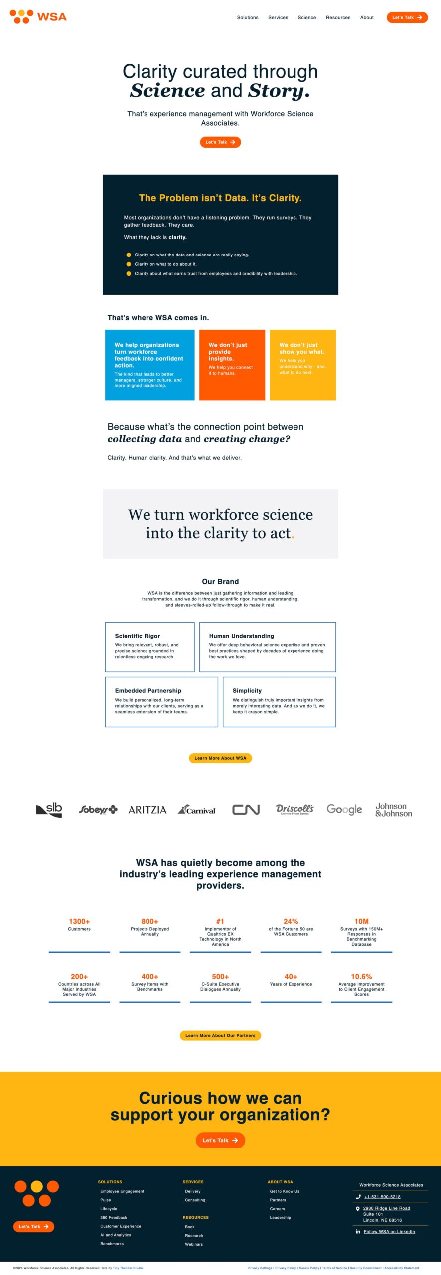 Screenshot of the WSA homepage highlighting their focus on workforce science, client testimonials, brand partnerships, and services supporting organizational clarity.