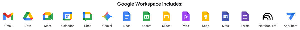 google-workspace-includes Icons representing the Google Workspace apps, including Gmail, Drive, Meet, Calendar, Chat, Gemini, Docs, Sheets, Slides, and more, displayed in a horizontal row.