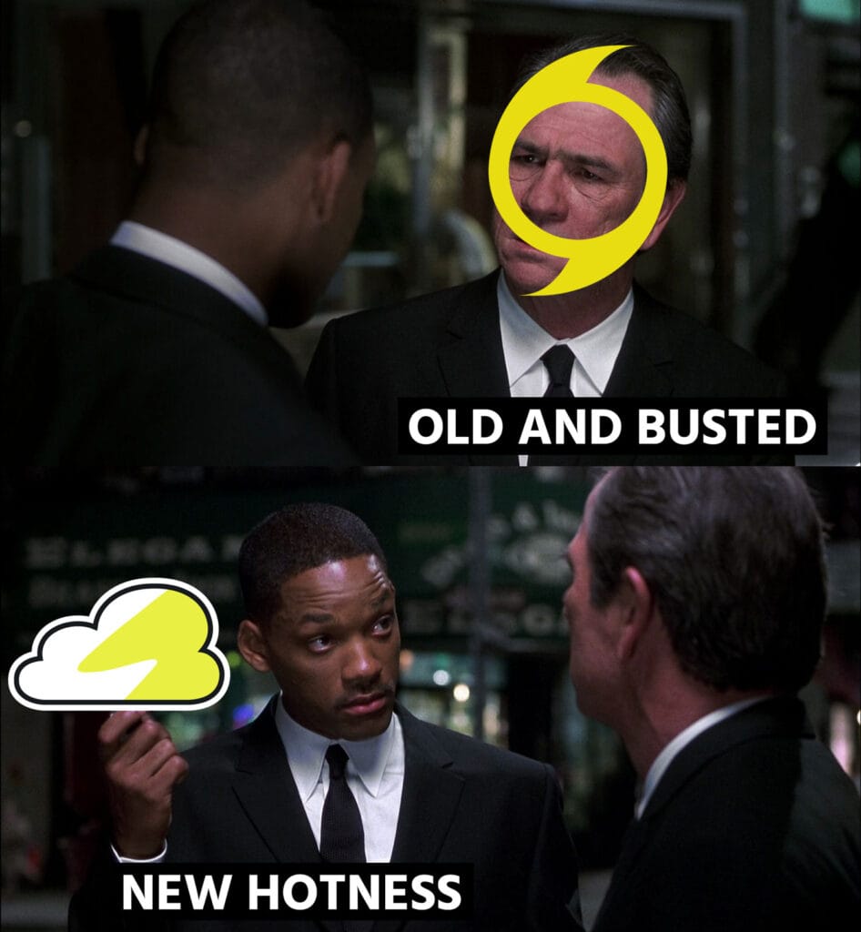 Will Smith and Tommy Lee Jones in MIB2 face each other; the top photo shows the cyclone press icon labeled "OLD AND BUSTED," the bottom photo shows the Tiny Thunder Studio icon cloud labeled "NEW HOTNESS.