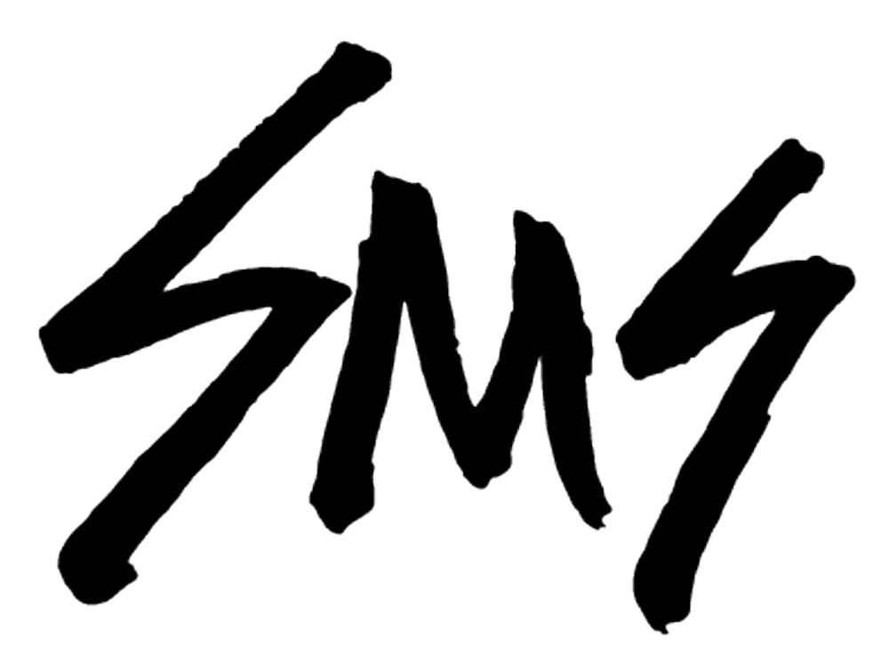 The letters "SMS" are written in bold, black, handwritten-style text on a white background.