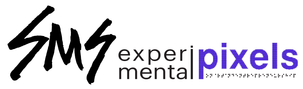 Logo with the words "SMS experimental pixels"; "SMS" is in bold black brush script, "experimental" in lowercase, and "pixels" in bold purple pixelated font.