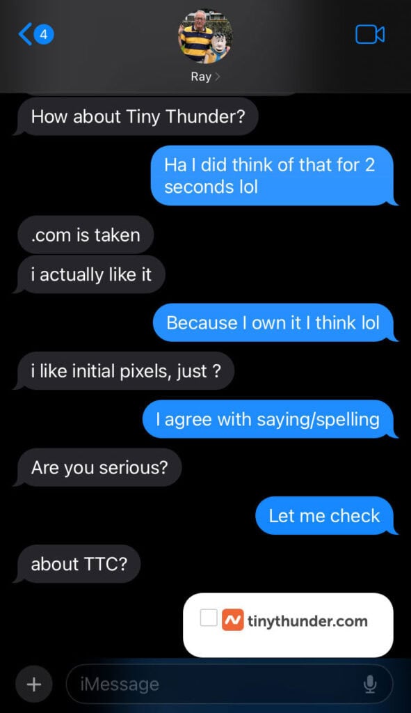 A text message conversation discusses domain names, specifically "Tiny Thunder" and "TTC," with a screenshot of the tinythunder.com website included at the end.