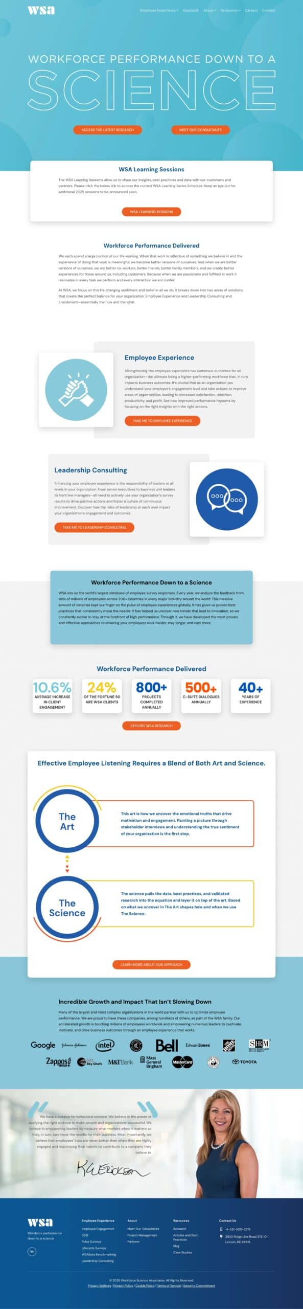 Screenshot of a business webpage about workforce performance solutions, describing services in employee experience, leadership consulting, and workforce analytics, with company logos and contact info.