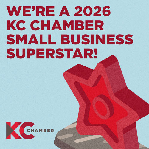 Red text announces “We’re a 2026 KC Chamber Small Business Superstar!” above a red star graphic and the KC Chamber logo on a blue background.